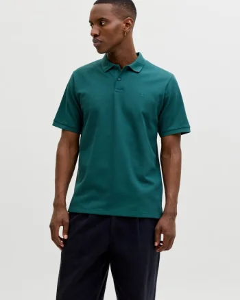 Tricou polo barbati, din amestec de bumbac, Regular Fit, JJEAUSTIN, Verde inchis