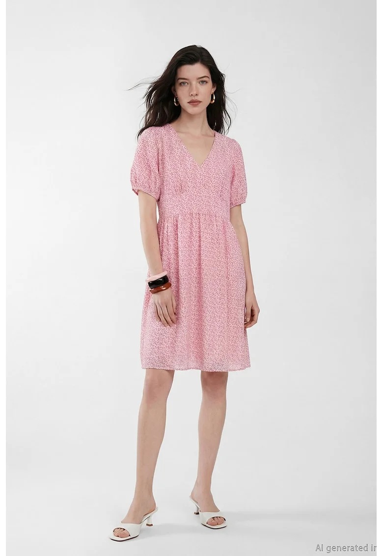 Rochie evazata cu imprimeu floral, Alb/Roz deschis