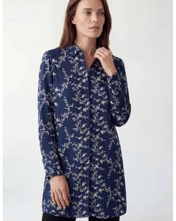 Camasa lunga cu model floral, Alb/Bleumarin