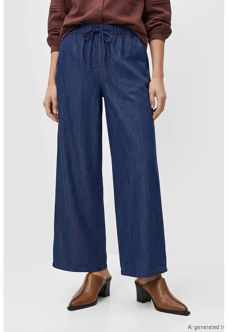 Pantaloni din chambray cu croiala ampla si snur, Albastru inchis