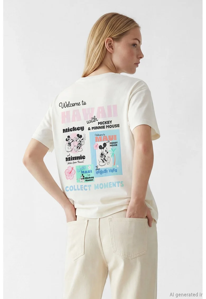 Tricou de bumbac cu Mickey & Minnie Mouse, Alb fildes/Roz deschis/Albastru deschis