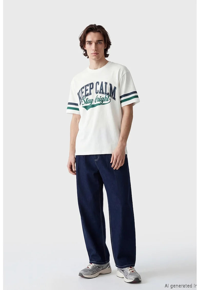 Tricou de bumbac cu imprimeu text, Alb/Verde englez/Bleumarin