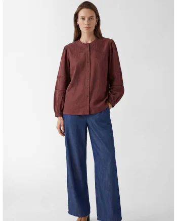 Camasa de bumbac cu broderie, Maro cognac