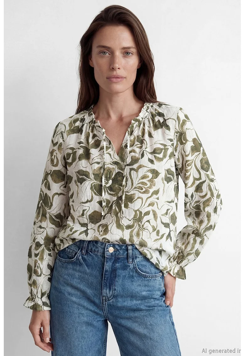 Bluza cu model si mansete elastice, Alb fildes/Kaki/Verde sparanghel