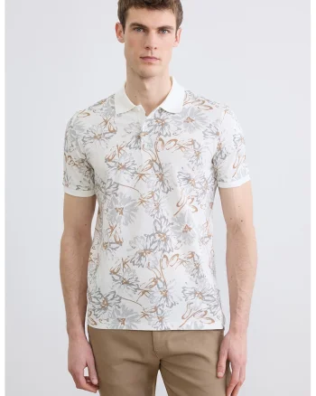 Tricou polo slim fit cu model, Alb/Gri deschis/Maro pamantiu
