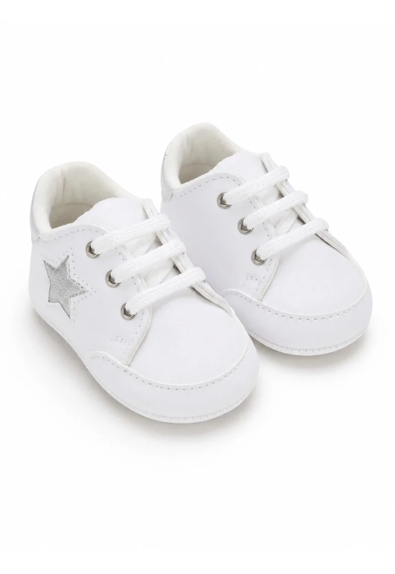 Pantofi bebe albi casual cu siret si aplicatie stea comozi