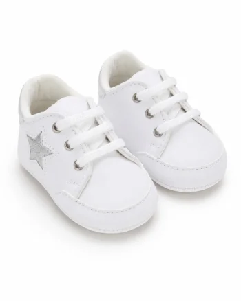 Pantofi bebe albi casual cu siret si aplicatie stea comozi