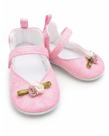 Balerini bebe roz eleganti cu floricele decorative, comozi si delicati pentru fetite