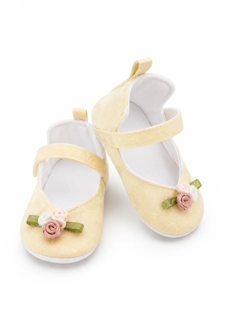 Balerini bebe eleganti crem cu floricele decorative, comozi si delicati pentru fetite