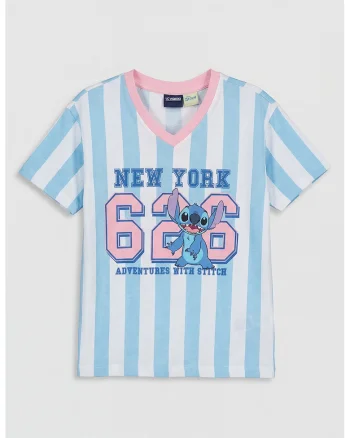 Tricou cu decolteu in V si imprimeu cu Stitch, Alb/Roz/Albastru