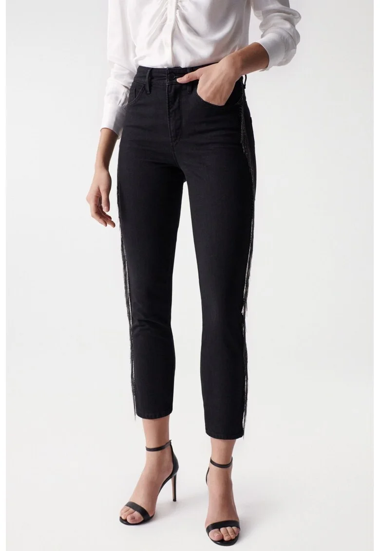 Blugi skinny cu franjuri laterale decorative