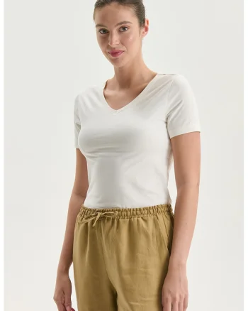 Tricou slim fit cu decolteu in V, Alb optic