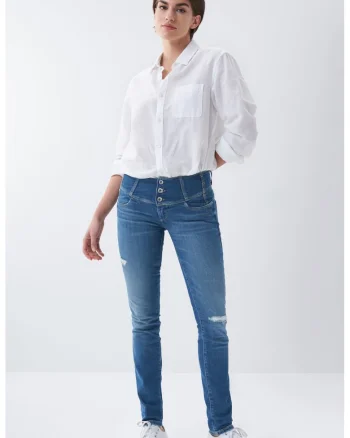 Blugi slim fit cu detalii deteriorate,