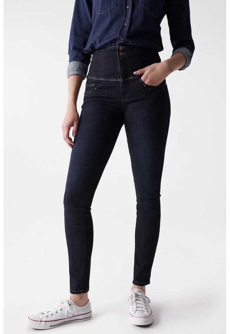 Blugi skinny fit cu talie inalta si buzunare