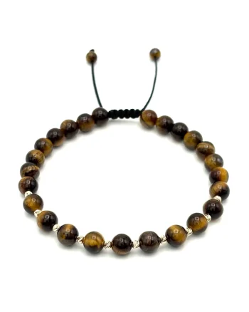 Bratara cu 10 bile din AUR 14K si pietre naturale Ochi de Tigru de 6mm, snur reglabil, barbat