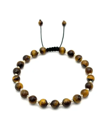 Bratara cu 20 bile din AUR 14K si pietre naturale Ochi de Tigru de 6mm, snur reglabil, barbat