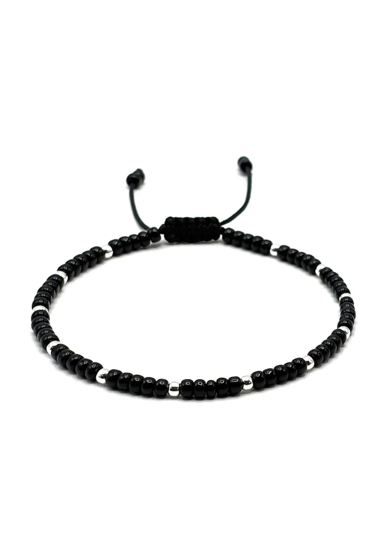 Bratara cu bile din Argint 925 si margele negre, snur reglabil, barbat