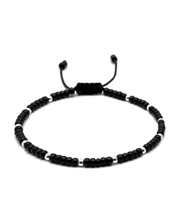 Bratara cu bile din Argint 925 si margele negre, snur reglabil, barbat
