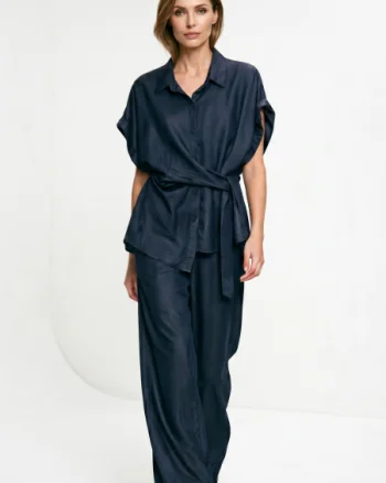 Compleu dama , camasa si pantaloni, croi lejer, elegant casual, din tencel, albastru jeans inchis