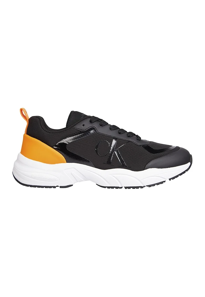 Pantofi sport cu insertii de piele ecologica, Negru/Portocaliu