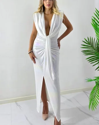 Rochie lunga de ocazie Ilaria cu decolteu adanc, Alb metalizat, Marime S/M