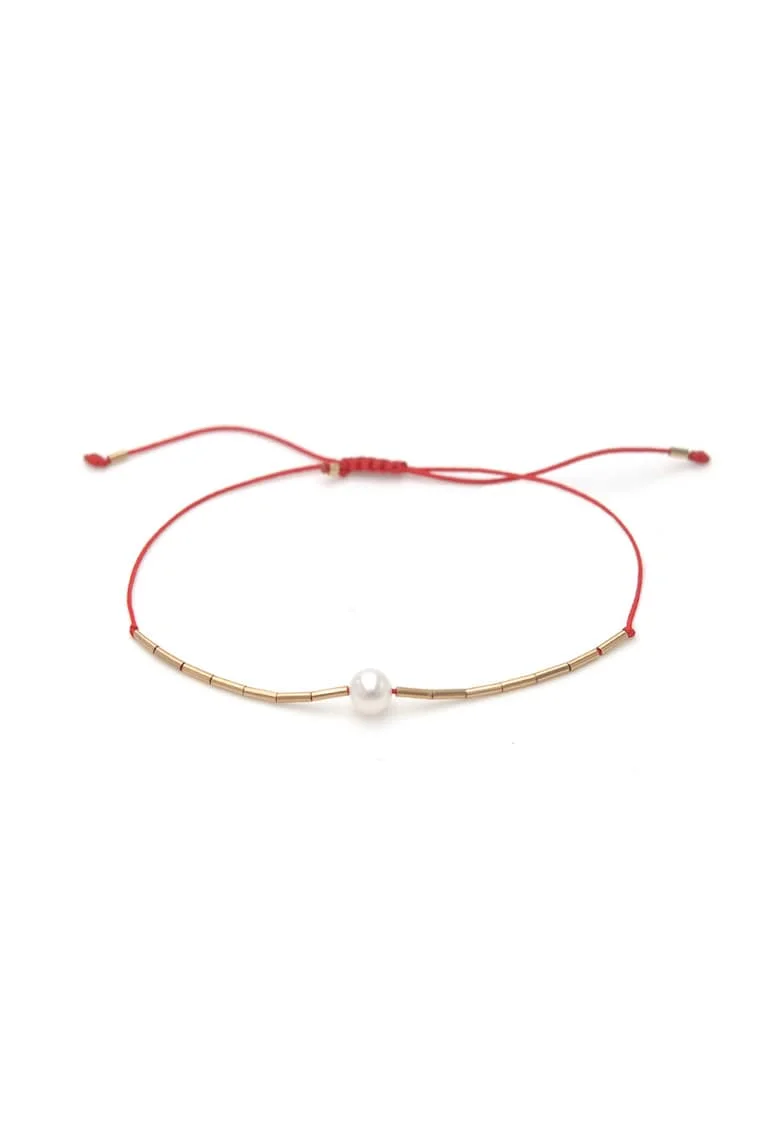 Bratara ajustabila din aur filat de 14K/20 cu perla, Rosu/Alb/Auriu