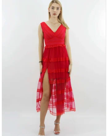 Rochie midi de seara din tul si dantela ENID, Rosu