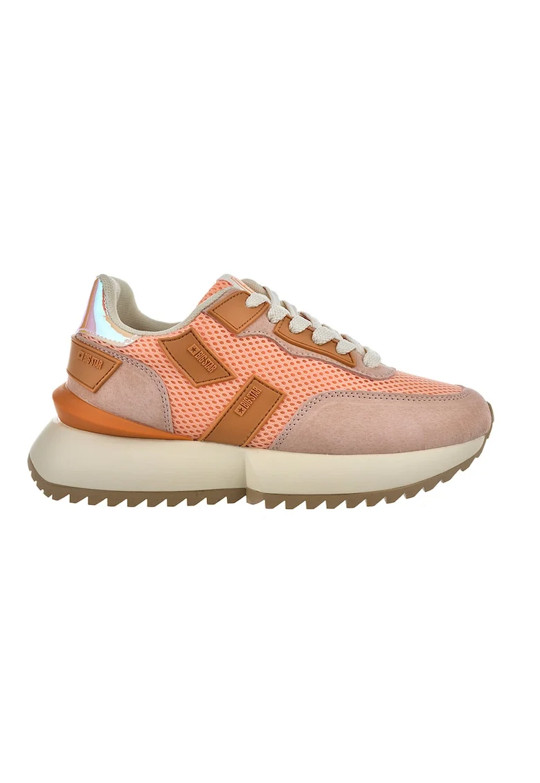 Pantofi sport cu talpa wedge si garnituri din piele intoarsa si plasa, Portocaliu