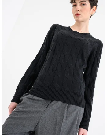 Pulover din lana cu guler rotund si model torsade, Negru