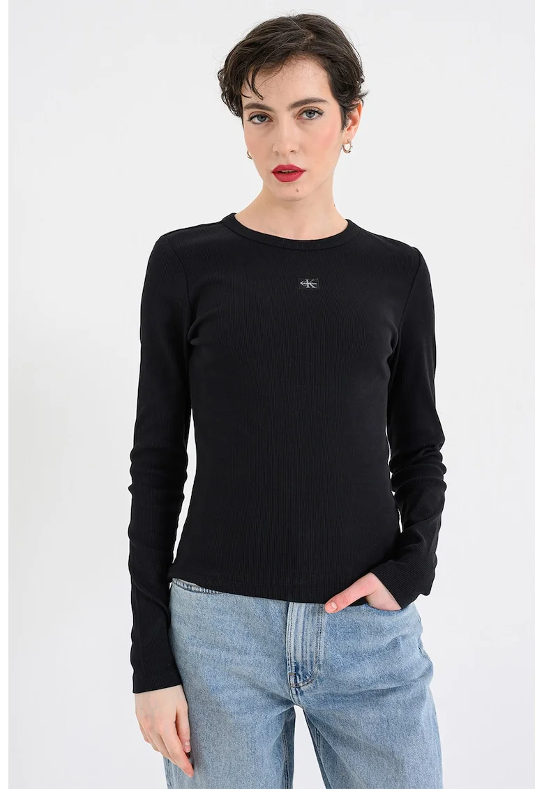 Bluza slim fit cu striatii si aplicatie logo discreta, Negru