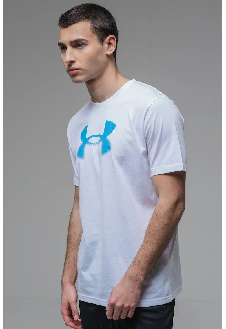 Tricou cu decolteu la baza gatului si imprimeu logo, Alb/Albastru
