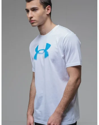 Tricou cu decolteu la baza gatului si imprimeu logo, Alb/Albastru