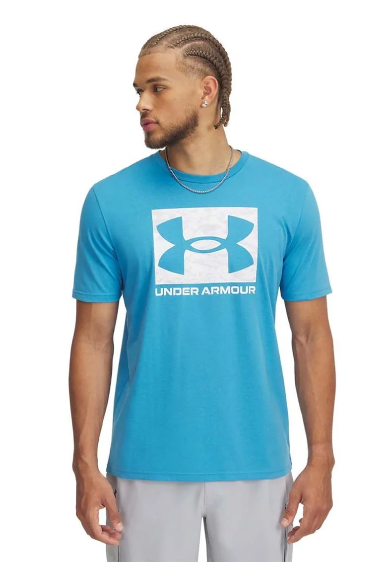 Tricou cu decolteu rotund si logo ABC Camo, Alb/Albastru glaciar