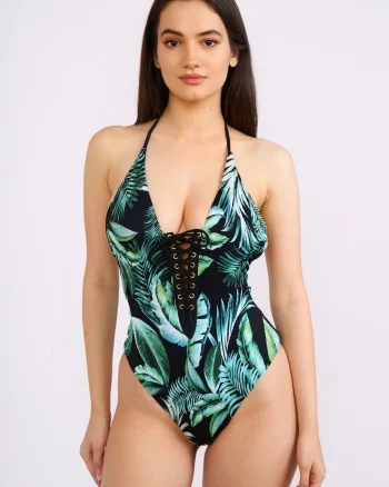 Costum de baie dama intreg, imprimeu tropical, snur reglabil, verde inchis, dama, Exotic Black