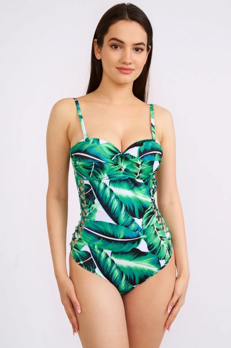 Costum de baie intreg, verde alb, bretele reglabile cu snur, dama, Tropical embody