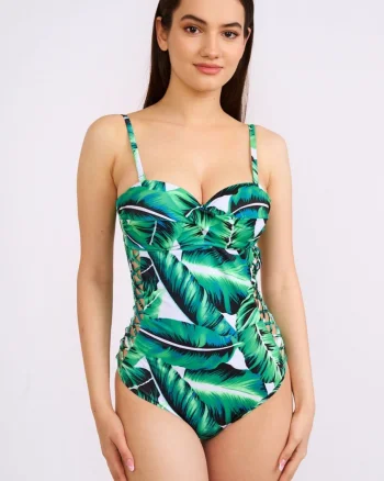 Costum de baie intreg, verde alb, bretele reglabile cu snur, dama, Tropical embody