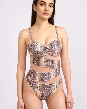 Costum de baie intreg, maro, imprimeu animal print snake, dama, Python embody
