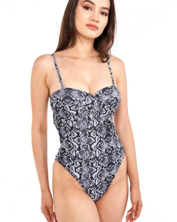 Costum de baie intreg cu push up, gri,dama,cu imprimeu animal print, Black Snake