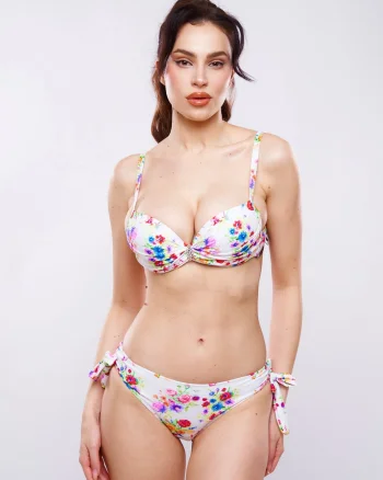 Costum de baie 2 piese, cu aplicatie tip brosa, alb, slip reglabil, Embody Glow