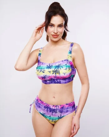Costum de baie, batal-marime mare, 2 piese, slip clasic, imprimeu palmieri, mov