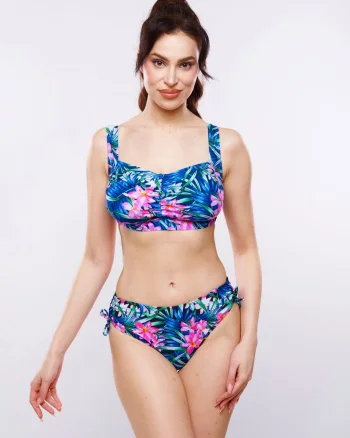 Costum de baie marime mare, albastru, cu slip clasic si imprimeu floral, Eva