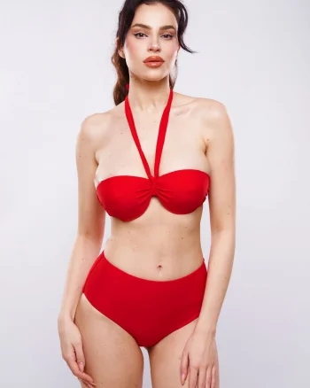 Costum de baie cu talie inalta, rosu, snur reglabil, Sunny