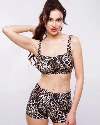 Costum de baie marime mare, maro cu slipi tip pantaloni scurti si imprimeu animal print, Cappucino