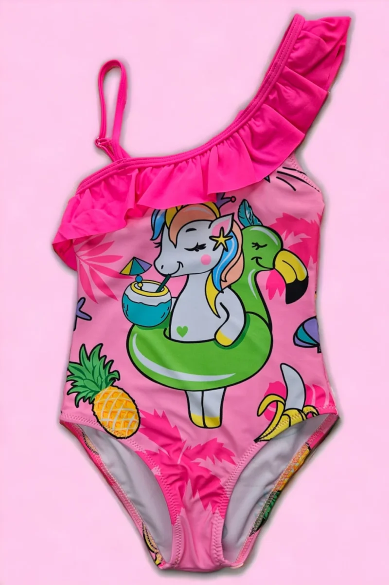 Costum de baie fete intreg, imprimeu unicorn, roz 09