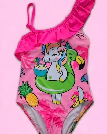 Costum de baie fete intreg, imprimeu unicorn, roz 09