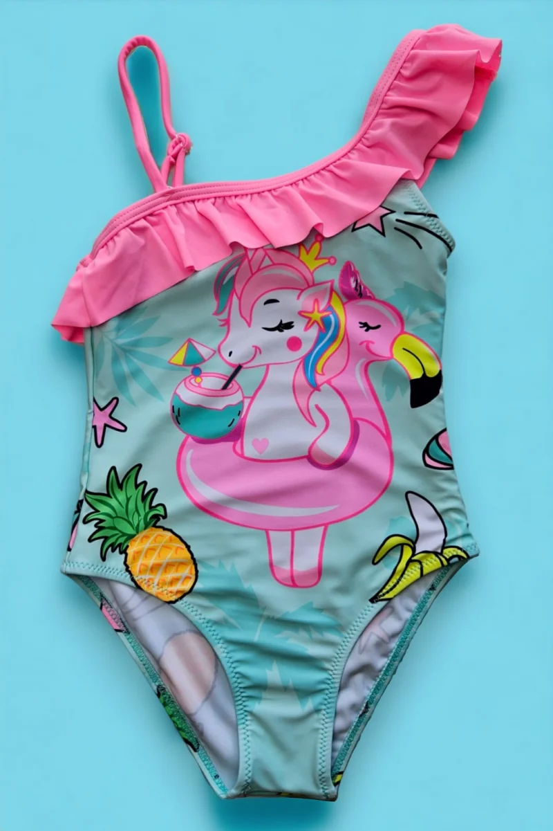Costum de baie fete intreg, imprimeu unicorn, roz albastru 09