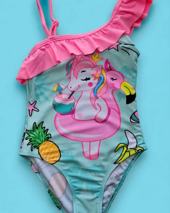 Costum de baie fete intreg, imprimeu unicorn, roz albastru 09