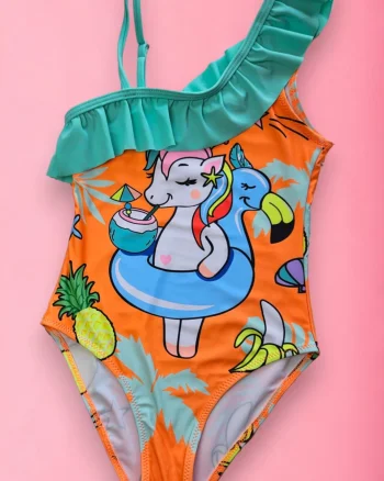 Costum de baie fete intreg, imprimeu unicorn, portocaliu