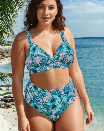 Costum de baie dama, 2 piese, marime mare, slip talie inalta, albastru, Pineapple