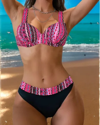 Costume de baie 2 piese, slip clasic, marime mare, negru roz lm037